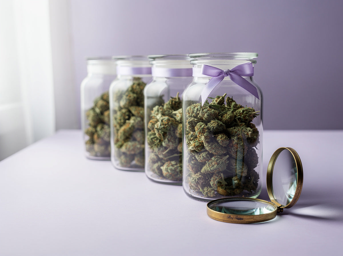 Fünf Gläser mit CBD Blüten im Vergleich, vorne eines mit lila Schleife, daneben eine Lupe