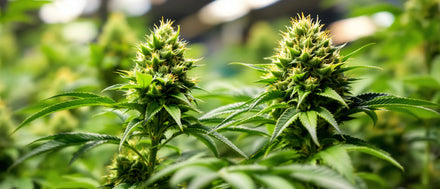 Cannabis Blütephase: Hanfpflanzen mit dichten Blüten und orangen Blütenfäden im Gewächshaus
