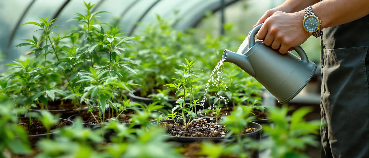 Cannabis Dünger: Gießkanne bewässert junge Hanfpflanzen in Töpfen im Gewächshaus