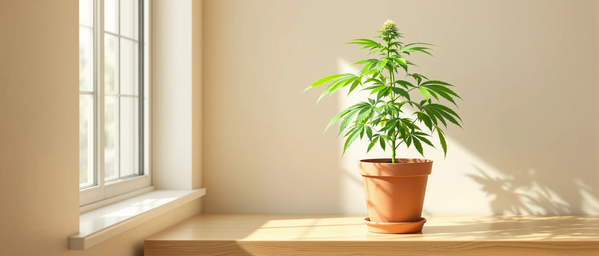 Junge Hanfpflanze im Terrakottatopf am hellen Fenster mit gefingerten Blättern, Aufbau der Cannabispflanze