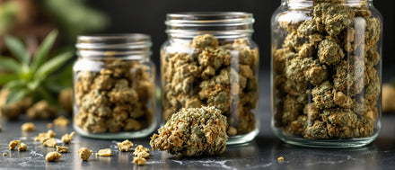 CBD Blüten günstig kaufen: drei unterschiedlich große Glasgefäße mit getrockneten CBD Blüten, davor eine einzelne ganze Blüte