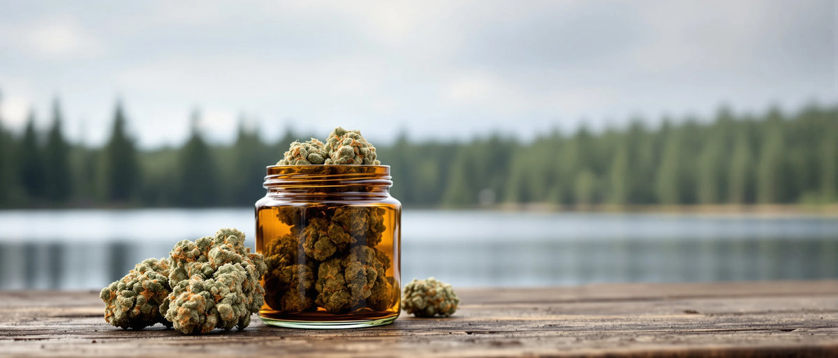 CBD Blüten im Glas an einem See mit Kiefernwald – CBD Shop Brandenburg