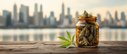 CBD Blüten im Glas vor Frankfurter Skyline – CBD Shop Hessen