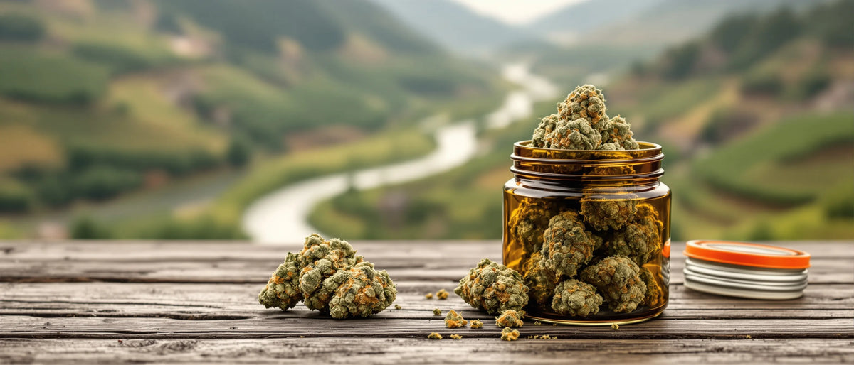 CBD Blüten im Glas über Weinbergen am Fluss – CBD Shop Rheinland-Pfalz