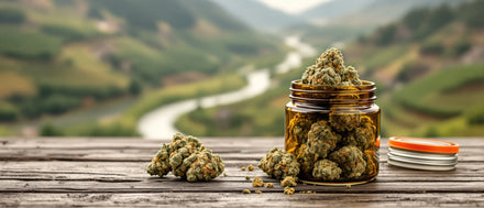 CBD Blüten im Glas über Weinbergen am Fluss – CBD Shop Rheinland-Pfalz