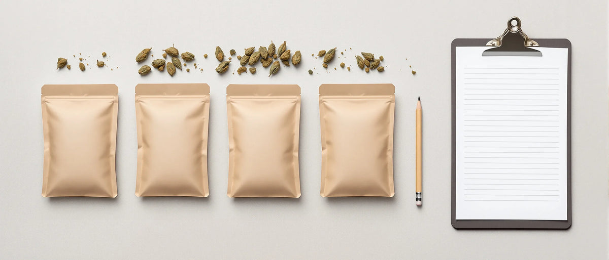Vier Probenbeutel mit Hanfblüten neben Klemmbrett – CBD Shop Vergleich