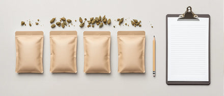 Vier Probenbeutel mit Hanfblüten neben Klemmbrett – CBD Shop Vergleich