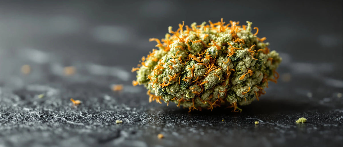 Island Sweet Skunk Strain: hellgrüne Blüte mit dichten orangen Blütenfäden