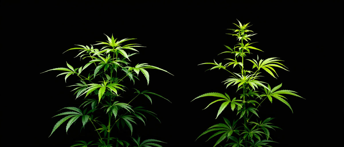 Sativa und Indica Unterschied: hohe schmalblättrige und kompakte breitblättrige Hanfpflanze nebeneinander