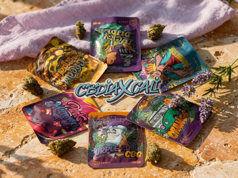 Bunte Cali Packs von CBDÍA auf warmem Kalkstein mit Lavendel, was ist Cali Weed