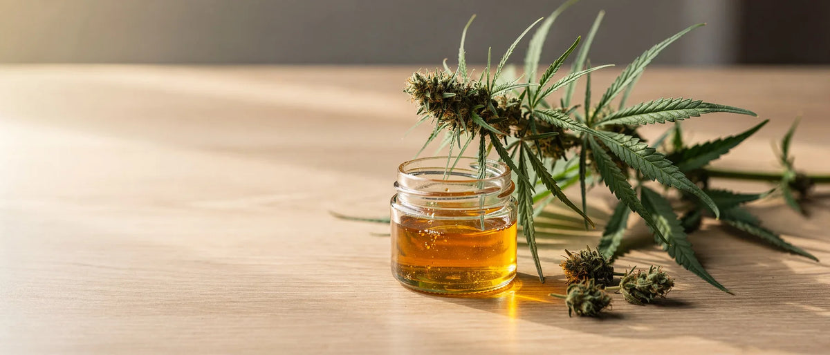 Hanfzweig mit Blüte neben einem Glas mit bernsteinfarbenem CBD-Extrakt auf einem Holztisch