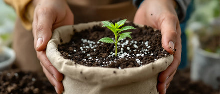 Welche Erde für Cannabis: Hände halten Stofftopf mit lockerer Erde, Perlite und Hanfsämling